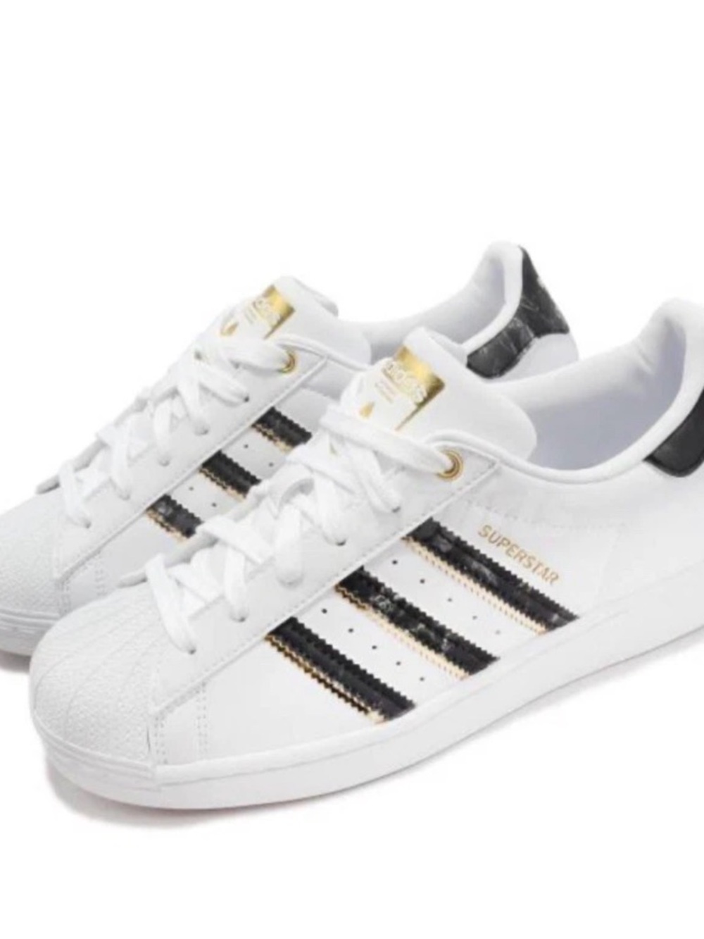 adidas White Superstar Sneakers with Black Stripes and Gold Trim
